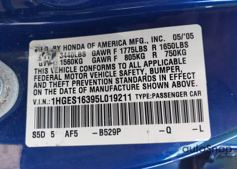 2005 Honda Civic Vp from USA, damaged, VIN 1HGES16395L019211